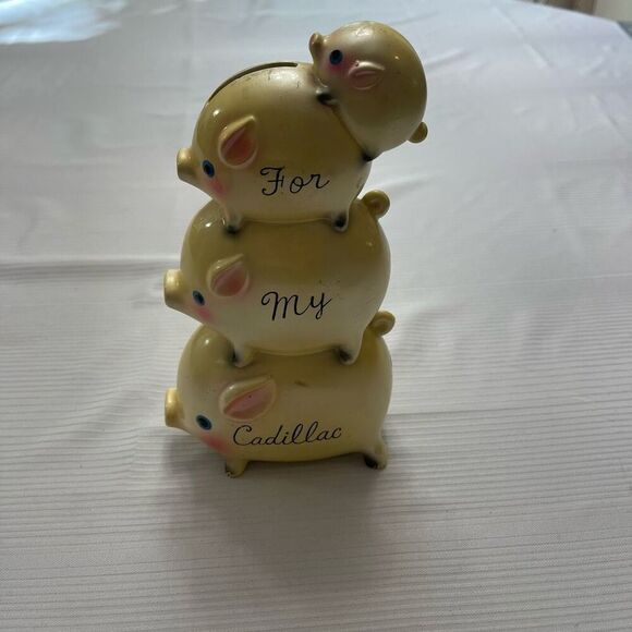 Ceramic Piggy Bank VTG Four Stacked Pigs Shimmering Yellow Piggy Bank - Picture 1 of 7